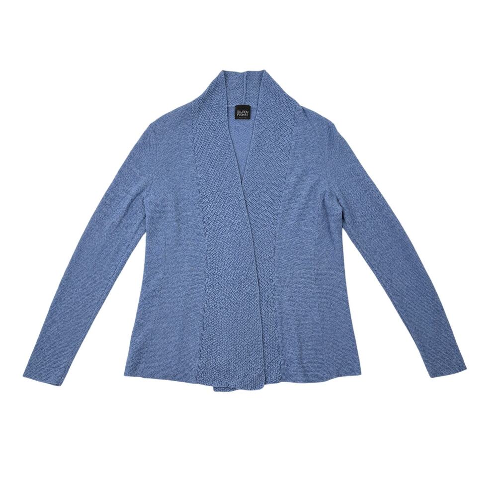 Eileen Fisher Petite 100% Wool Open Blue Cardigan Minimalist Lightweight Layers
